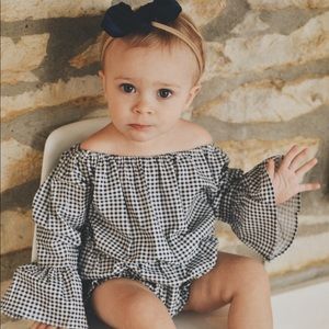 Navy and white plaid bell sleeve romper